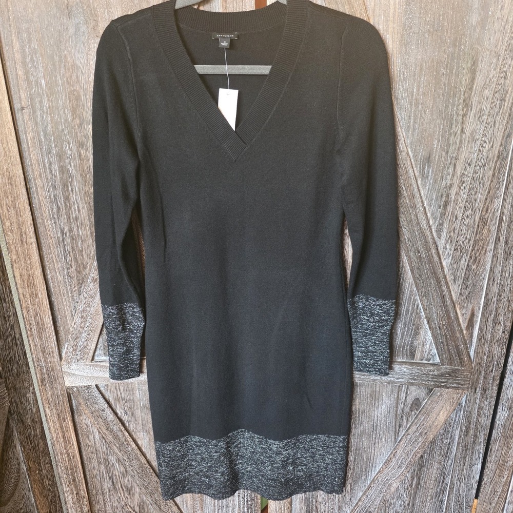 Ann Taylor Dress Women's Size Small Black Long Sleeve Sweater Gold Metallic Trim